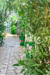  narrow street in the old town with big flower pot, Marmaris, Turkey