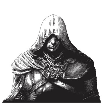 Warrior assassin in armor with a hood on his head ready for battle. Vector drawing of a computer game character.