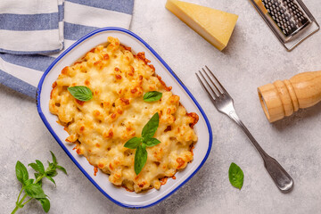 American mac and cheese, macaroni pasta in cheesy sauce