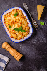 American mac and cheese, macaroni pasta in cheesy sauce