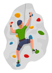 Mountain climbing person. Climber men on rock mountain with equipment. Extreme outdoor sports. Man overhang from rock