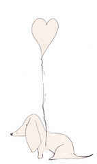 Puppy and a heart balloon. Illustration of a silhouette of  a Dachshund dog,  card celebration, funny time. 