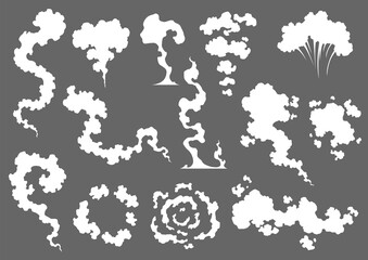Smoke cloud icons in different forms. special effects of puff and steam clouds, fire blast, smog and fume, dust or vapor template set. Cartoon design white elements of comic book