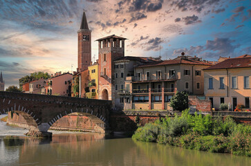 Fototapeta na wymiar The roman Stone Wall Bridge (Ponte Pietra) over the Adige River. Verona, Italy, Europe.