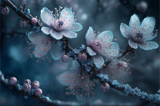 beautiful branch, mild fairy mist, pale blue plum blossom, plum blossom.