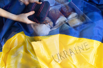 Collection of humanitarian food set for Ukraine against the background of the flag of Ukraine, food...