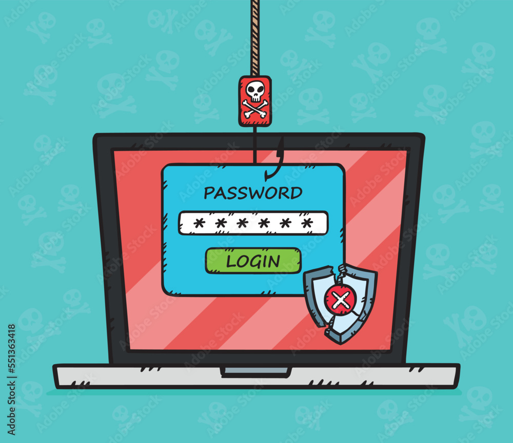 Poster graphic showing phishing and hacking attack during user login. the antivirus shield has been shatter