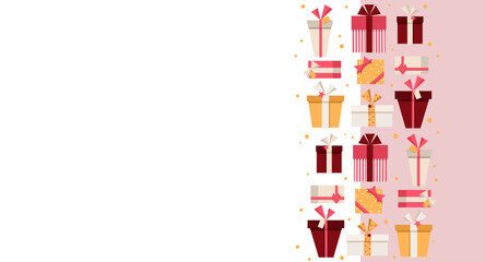 Horizontal banner with gift boxes with copy space. Simple shapes for New Year, Christmas, birthdays, weddings, Valentine’s Day. Stylish minimalistic collection for design