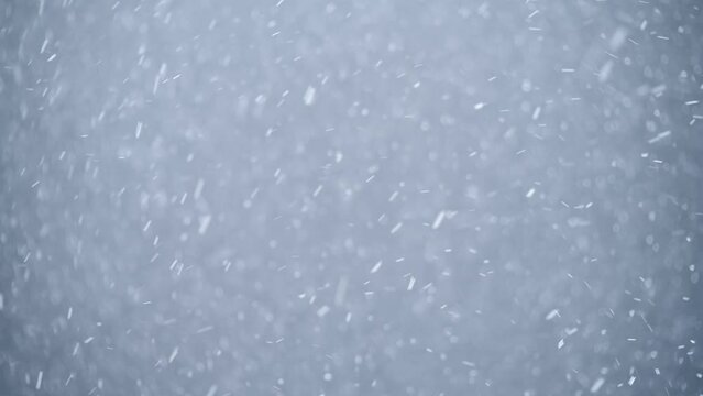 Winter background with falling snowflakes on grey 