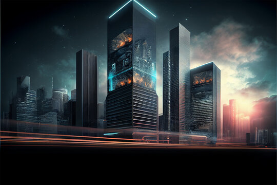 Digital technology, city illuminated at night, business background