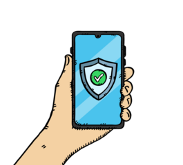 Illustration of a hand holding an antivirus-protected phone. Sketch style illustration.