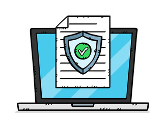 A hand-drawn graphic depicting a laptop along with a document protected by an antivirus shield....