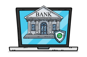 A hand drawn illustration of a laptop along with an online bank on the laptop screen, protected by an antivirus. The bank is protected by a shield with a green checkmark.