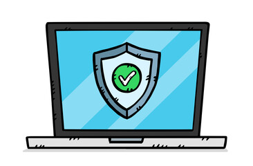 Illustration of a laptop protected by an antivirus. A shield with a green check mark is on the laptop screen.