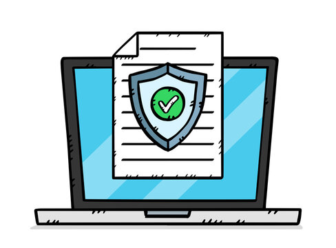 A hand-drawn graphic depicting a laptop along with a document protected by an antivirus shield. Color illustration.