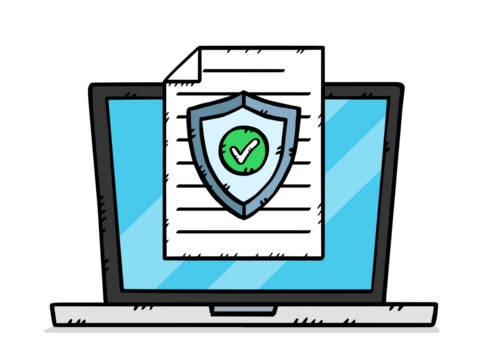 A hand-drawn graphic depicting a laptop along with a document protected by an antivirus shield. Color illustration.
