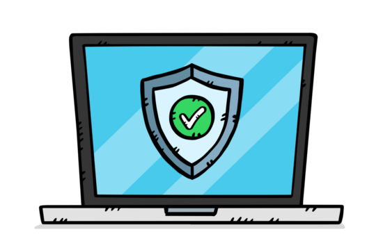Illustration of a laptop protected by an antivirus. A shield with a green check mark is on the laptop screen. - Powered by Adobe