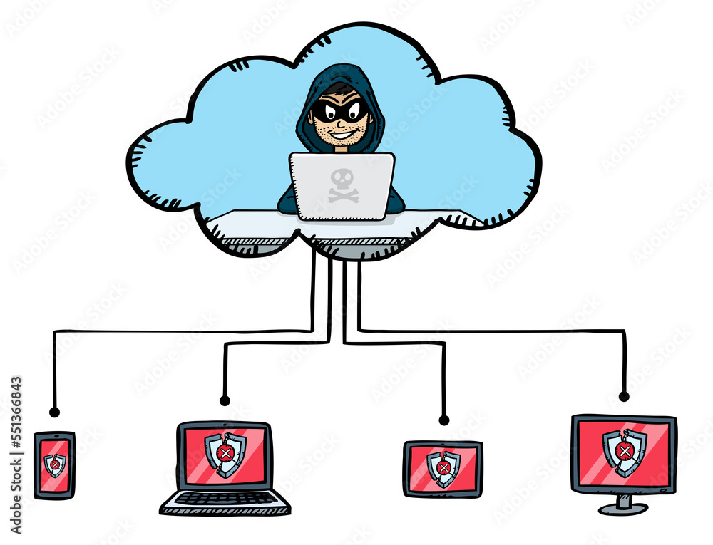 Poster a illustration of a hacker who broke in through the cloud and infected it equipment. the hacker brok
