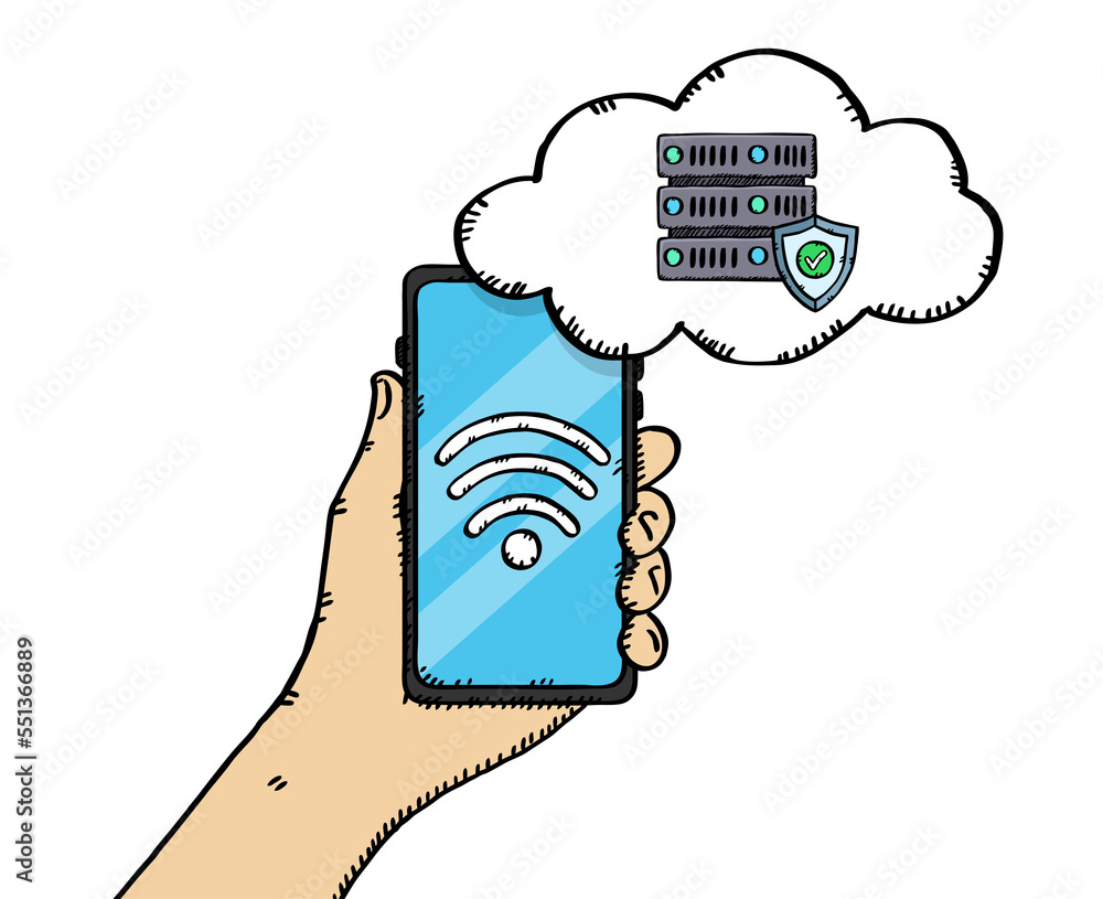 Poster graphic showing a hand holding a phone along with a wireless connection to a cloud server. the serve