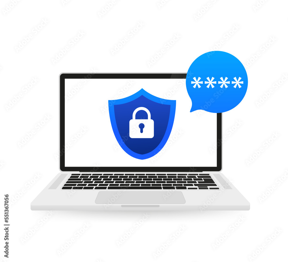 Poster laptop with password hint unlocked notification, unlocked pc screen and password field shield with l