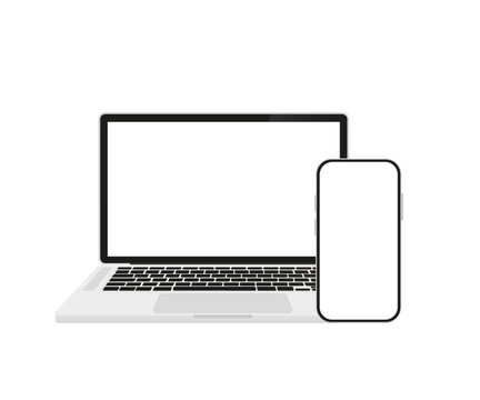 Blank screen of laptop and phone on white background. Vector illustration