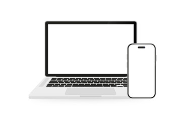 Laptop and mobile phone mockup on white isolated background. Vector illustration