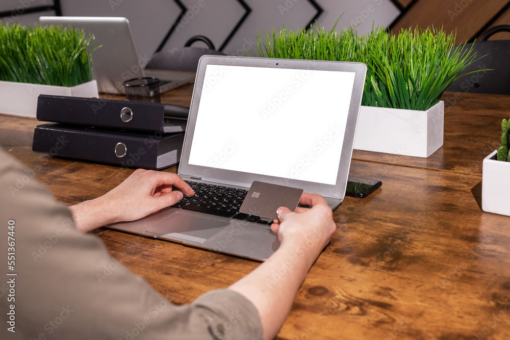 Poster laptop screen mockup and hands with bank credit card, paying online, making purchase with web site o