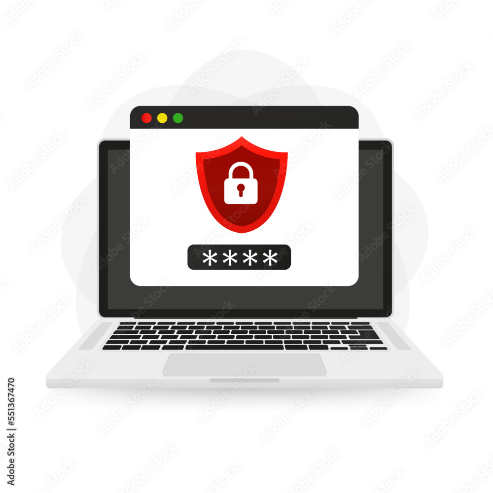 Poster web page on laptop with shield lock and password network security antivirus vpn privacy. data secure