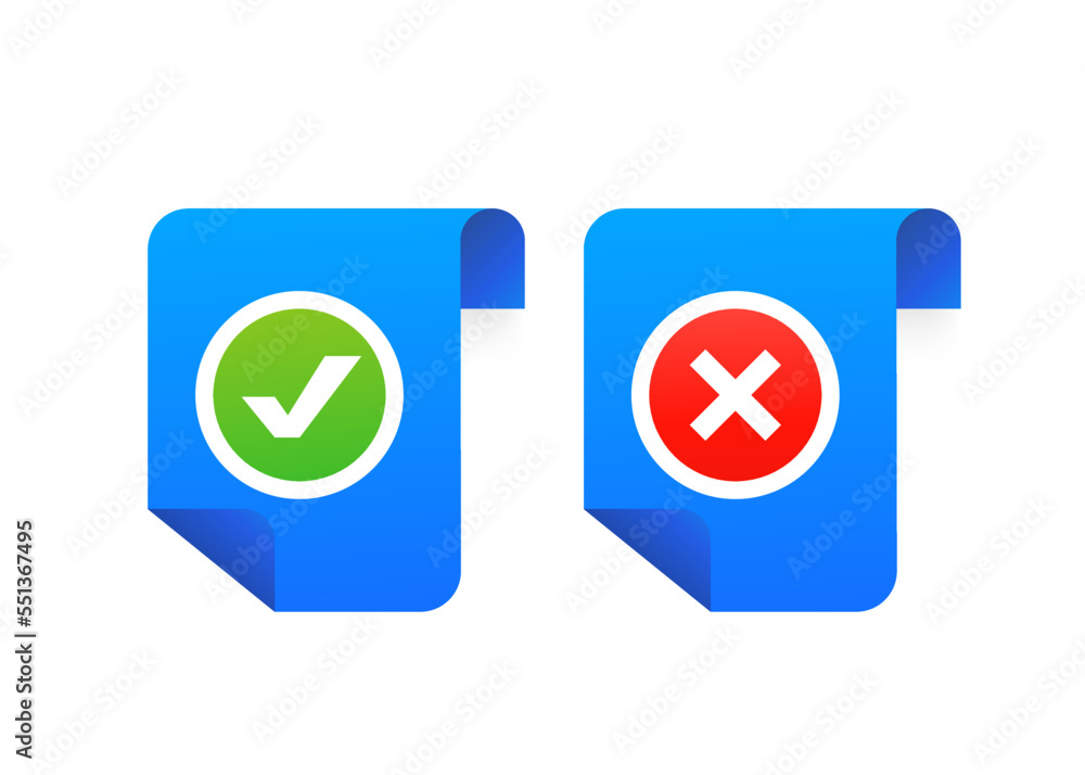 Poster document with a check mark and a cross yes no check mark sign on clipboard lined paper notebook. doc