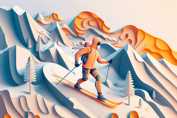paper craft style illustration, a man skiing on snowy mountain 