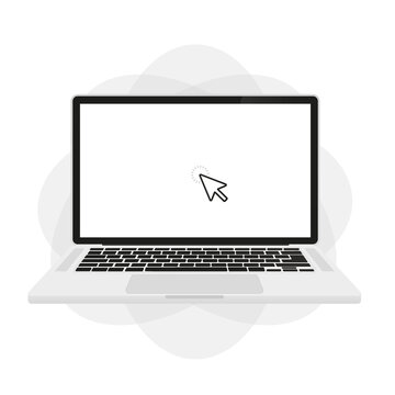 Pointer mouse arrow cursor clicking on computer laptop screen icon vector flat cartoon. Banner for business, marketing and advertising. Vector illustration