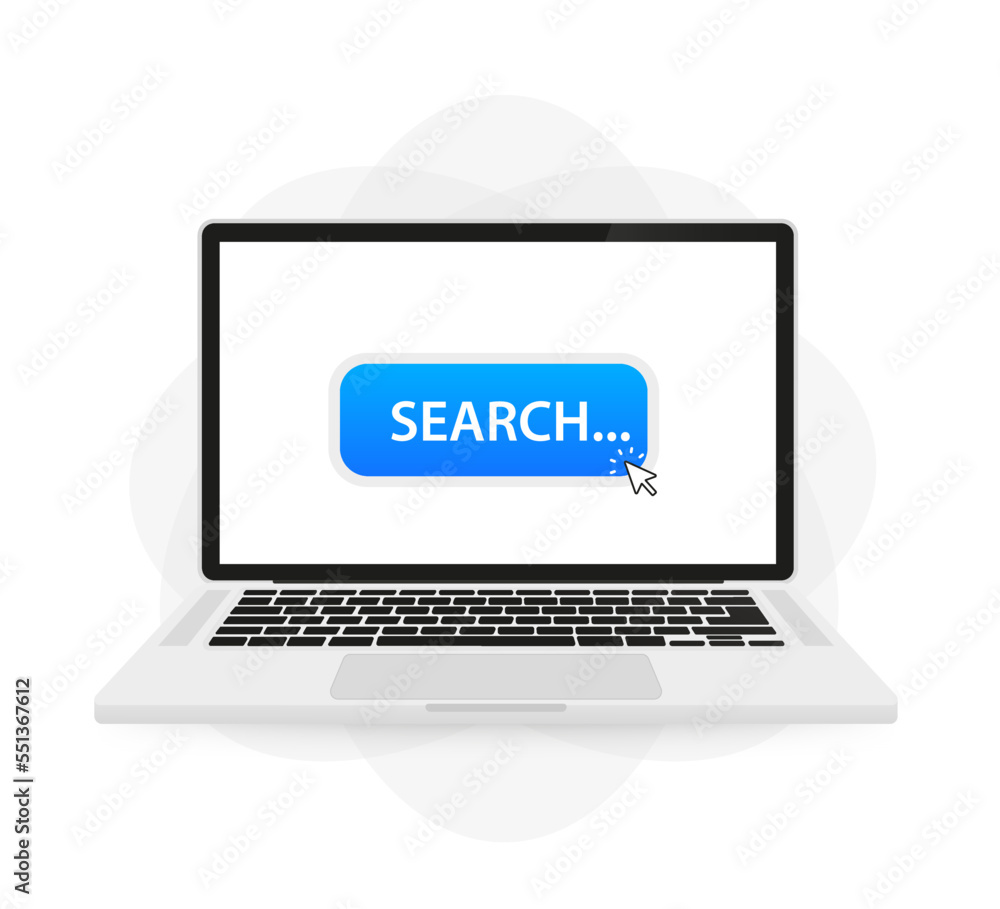 Poster a laptop with a search button, a cursor that clicks on the button. vector illustration