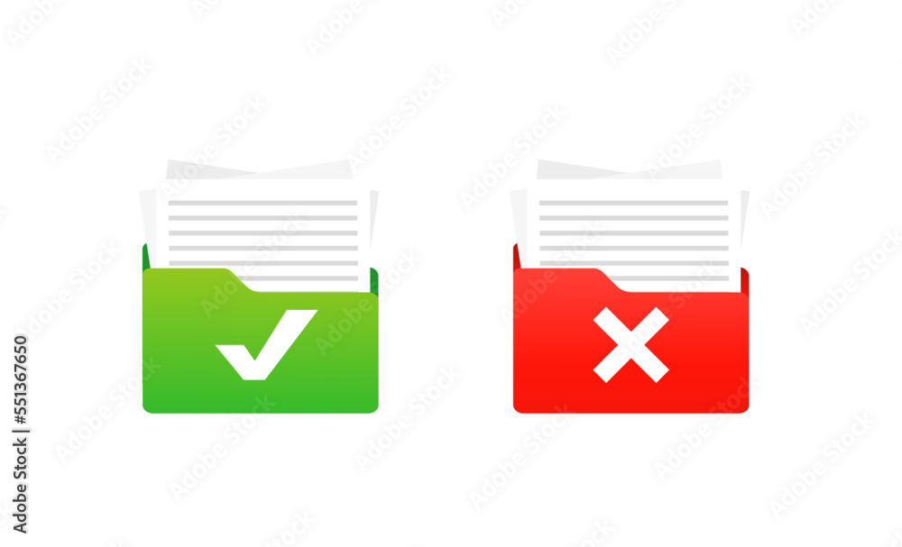 Aufkleber the folder with the document passed and did not pass the tick check, yes no. vector illustration