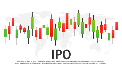 IPO sign on the background of the Forex candlestick chart, IPO chart on the background of the world map, Japanese candles, world economy. Vector illustration