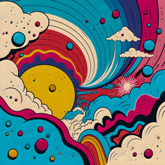 Naklejka na ściany i meble Hand drawn comic illustration, Retro and 90s style, Cosmos, Pop Art, Abstract, Crazy, and Psychedelic Background.