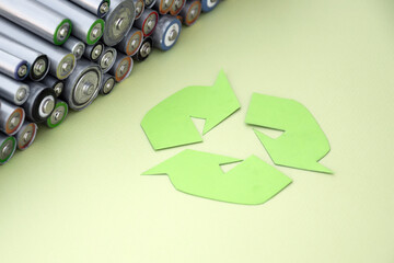 Used AA batteries and proper disposal of environmentally and soil-toxic batteries on a green...
