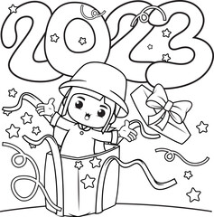 Happy new year coloring book with cute girl