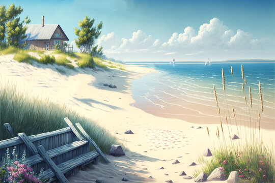 beautiful illustration coastal seascape , beach view with nobody
