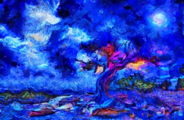 Night landscape Old tree