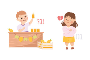 Little Boy and Girl Selling Lemonade and Feeling Broken Hearted Demonstrating Vocabulary and Verb Vector Set