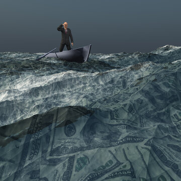 Man afloat on sea of US currency under dark skies