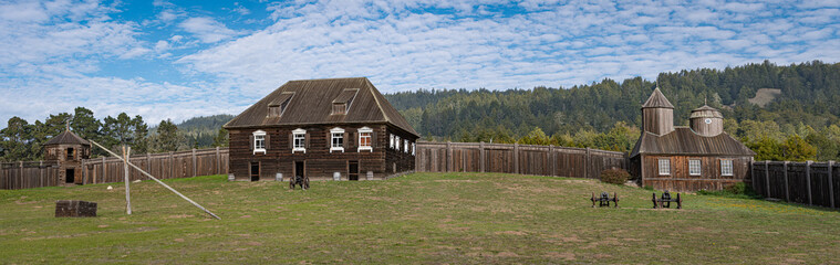Fort Ross State Historic Park, Sonoma County, California, USA. 1 x 3 Panorama. Fort Ross is a former Russian fur trading outpost.	
