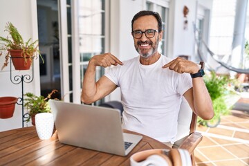 Middle age man using computer laptop at home looking confident with smile on face, pointing oneself with fingers proud and happy.
