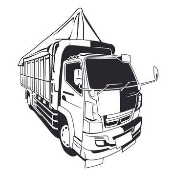 Cartoon truck delivery vector line art illustration