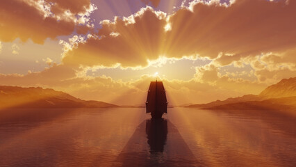 Fototapeta na wymiar old ship at sea sunset illustration