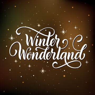 Winter wonderland handwritten text with stars and snowflakes. Hand lettering typography. Modern brush ink calligraphy. Vector illustration as greeting card, banner, poster, logo. Season's greeting