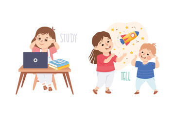 Little Girl Studying and Telling Fantastic Story Demonstrating Vocabulary and Verb Studying Vector Set