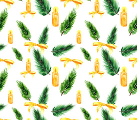 Christmas tree branches and yellow bows. Seamless pattern, New Year, Christmas. Watercolor hand drawing. Nature.