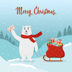 A friendly polar bear with a letter in its paw stands in a snowy forest clearing with a sled and a beautiful bag full of holiday gifts. Christmas card with an inscription. Vector illustration.