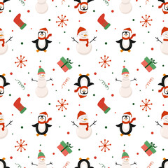 Seamless pattern with snowmen, penguin, snowflakes. Vector design on Christmas theme for textile, fabric, gift wrapping, packaging and web background.